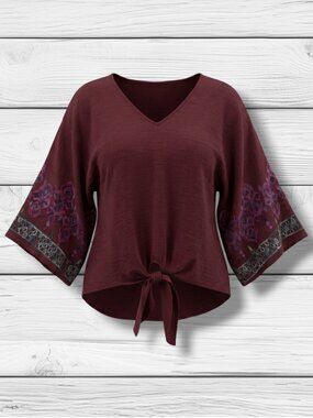 Olivia & Martin Plus Size 3X Maroon Embroidered Sleeve Tie Front Blouse
